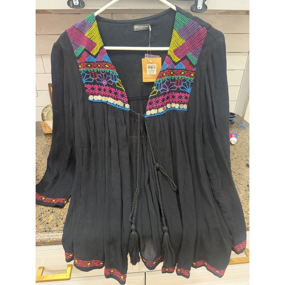 Earthbound Trading‎ Co Black Embroidered Tassel Cardigan Top Womens Large NEW